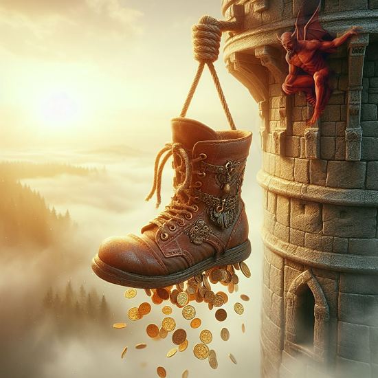 Satan doit remplir d'or la botte d'Arthur que ce dernier a pris soin de percer