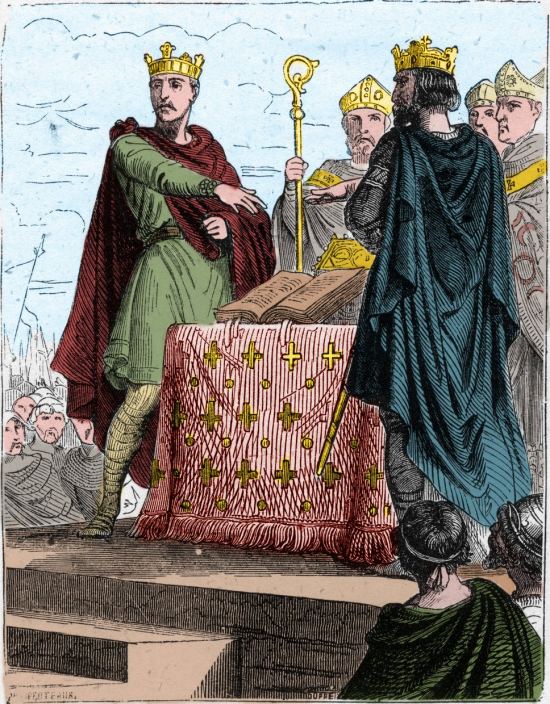 Signature du traité de Brétigny le 8 mai 1360, au château de Brétigny (près de Chartres), entre les plénipotentiaires du roi d'Angleterre Édouard III d'Angleterre et ceux de Charles, fils du roi de France Jean II