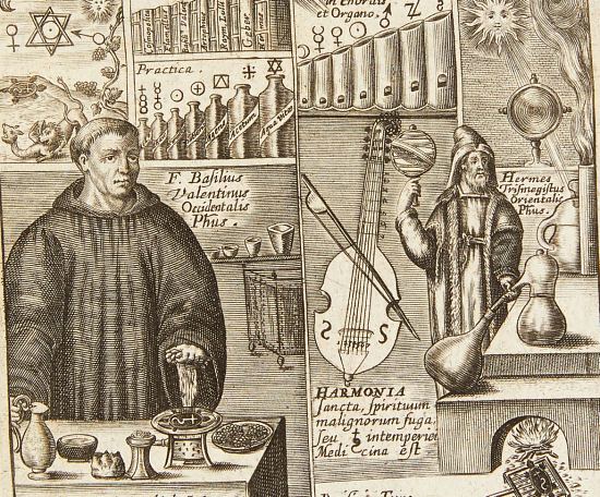 Illustration de la page de titre de la première édition du Traité de l'eau-de-vie de Jean Brouaut, publiée de façon posthume par l'avocat au parlement Jean Balesdens et l'imprimeur, graveur et alchimiste Jacques de Senlecque (1646)