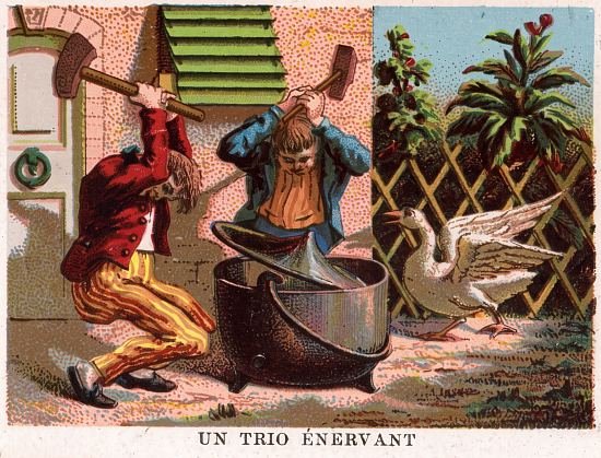 Un trio énervant. Chromolithographie publicitaire de la fin du XIXe siècle