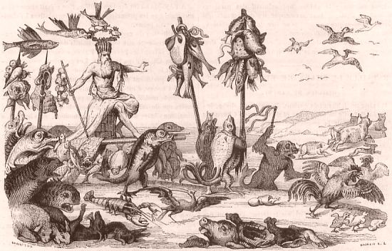 Le triomphe du Carême. Estampe allégorique de Romeyn de Hooghe (1645-1708) représentant le triomphe du peuple aquatique sur les animaux habitant la terre et l'air