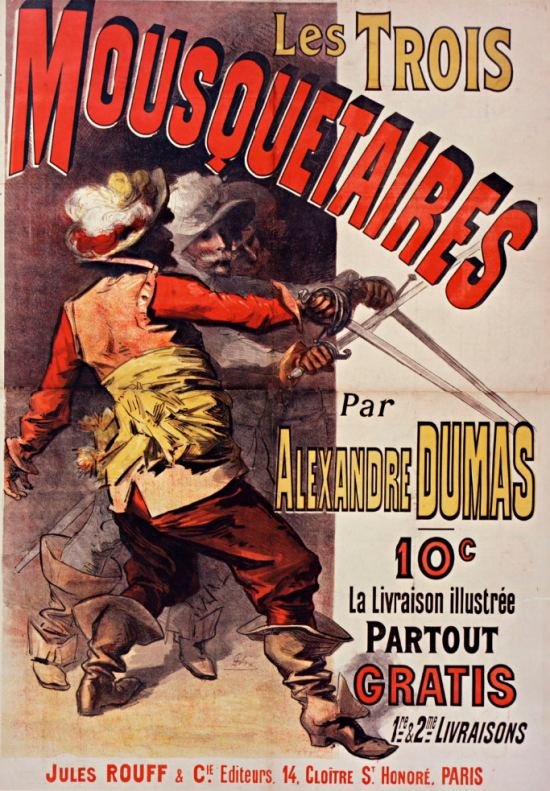 Affiche publicitaire pour Les Trois Mousquetaires. Dessin de Jules Chéret (1887)