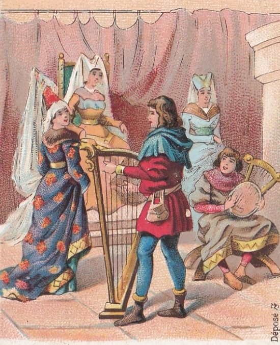 Trouvères et ménestrels au Moyen Âge. Chromolithographie publiée vers 1890