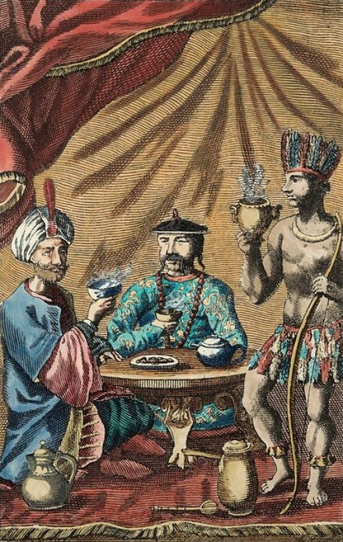 Turc buvant du café, Chinois buvant un thé et Indien d'Amérique du Sud buvant un chocolat. Gravure (colorisée ultérieurement) extraite de Traités nouveaux et curieux du café, du thé et du chocolate par Philippe-Sylvestre Dufour, édition remaniée parue en 1685 de son De l'usage du caphé, du thé et du chocolate publié en 1671