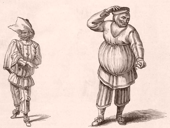 À gauche : Robert Guérin dit Gros-Guillaume (1554-1634). À droite : Henri Legrand dit Turlupin (1587-1637). Gravure extraite du Dictionnaire historique et pittoresque du théâtre et des arts qui s'y rattachent, par Arthur Pougin (1885)