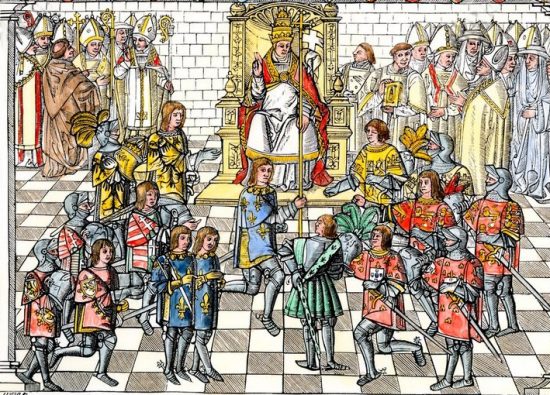 L'appel de la première Croisade par le pape Urbain II au concile de Clermont en 1095. Détail d'une gravure du XIXe siècle colorisée