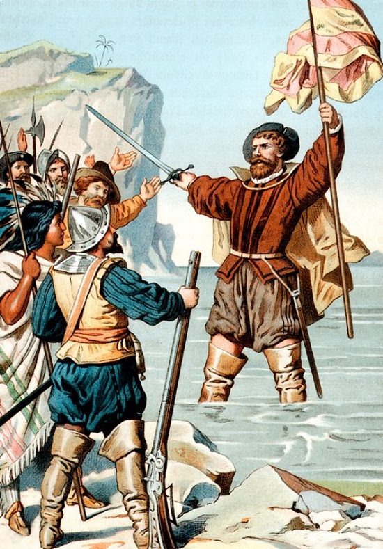Vasco Núñez de Balboa prenant possession de l'océan Pacifique au nom du roi d'Espagne le 29 septembre 1513. Illustration réalisée d'après un dessin d'Alfred Diethe (1836-1919)
