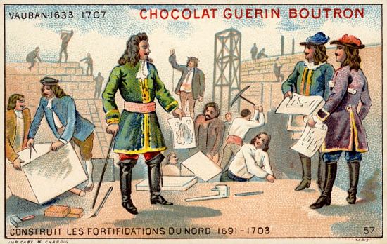Le maréchal Vauban construisant les fortifications du nord. Chromolithographie publicitaire de la fin du XIXe siècle