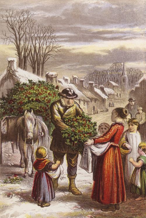 Vente de houx dans un village enneigé. Gravure de la fin du XIXe siècle