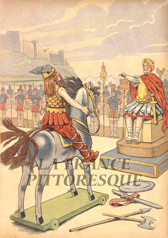 Vercingétorix et Jules César. Illustration extraite de Jouons à l'Histoire. La France mise en scène avec les joujoux de deux petits Français de Job et Georges Montorgueil, paru en 1908