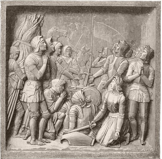 Après la victoire de Patay, Jeanne et les chefs de l'armée française, réunis autour des trophées conquis, remercient Dieu. Bas-relief de Foyatier, à Paris, XIXe siècle