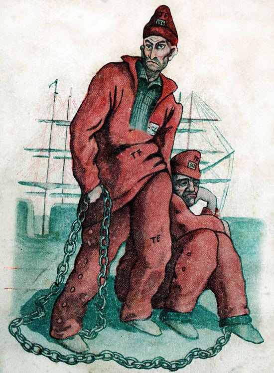Vidocq au bagne. Illustration parue dans une édition des Mémoires de Vidocq, forçat et chef de police datant du début du XXe siècle