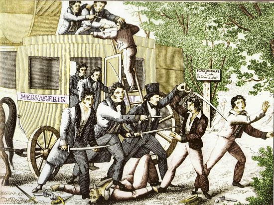 Vidocq n'hésite pas à procéder lui-même à l'arrestation de brigands, comme ici dans la forêt de Sénart. Lithographie du XIXe siècle