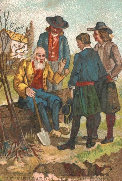 Le Vieillard et les Trois Jeunes Hommes. Chromolithographie inspirée du dessin de Gustave Doré illustrant la huitième fable du livre XI de Jean de La Fontaine