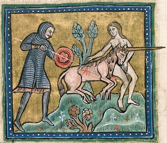 Vierge et licorne. Enluminure de la première moitié du XIIIe siècle tirée d'un bestiaire (Manuscrit Royal 12, F. XIII, London, British Library)