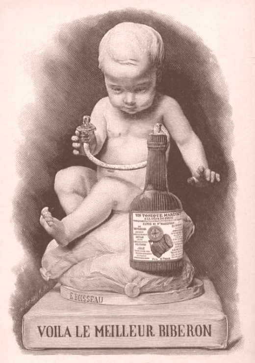 Carte publicitaire de la fin du XIXe siècle pour le vin Mariani, représentant une sculpture d'E. Boisseau pour l'Album Mariani