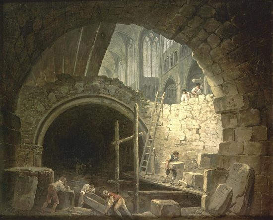 La violation des caveaux des rois dans la basilique Saint-Denis, en octobre 1793. Peinture de 1793 d'Hubert Robert (1733-1808)