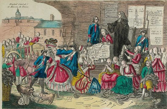 La désolation des filles de joie suite à l'ordonnance du 6 novembre 1778. Estampe de Jean-Baptiste Huet