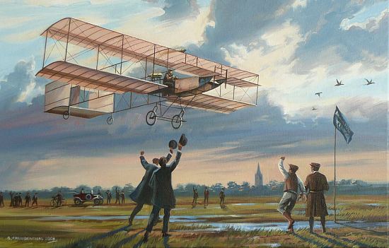 Farman franchit en plein vol la ligne d'arrivée marquée par les fanions de l'Aéro-Club et boucle le circuit aérien d'un kilomètre