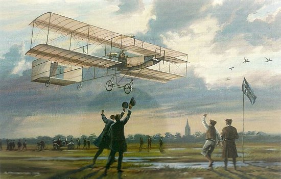 Farman franchit en plein vol la ligne d'arrivée marquée par les fanions de l'Aéro-Club et boucle le circuit aérien d'un kilomètre Farman franchit en plein vol la ligne d'arrivée marquée par les fanions de l'Aéro-Club et boucle le circuit aérien d'un kilomètre