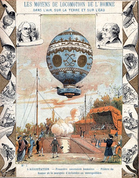 Départ du premier vol habité en montgolfière libre, réalisé par Pilâtre de Rozier et le marquis d'Arlandes le 21 novembre 1783. Illustration extraite d'une couverture protectrice pour livres scolaires de la fin du XIXe siècle