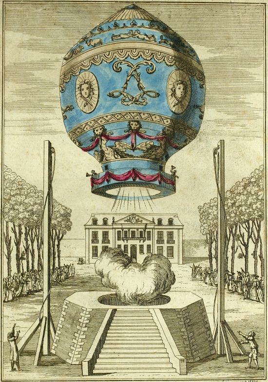 Départ, dans le parc du château de la Muette, en bordure du bois de Boulogne, du premier vol habité en montgolfière libre, réalisé par Pilâtre de Rozier et le marquis d'Arlandes 21 novembre 1783