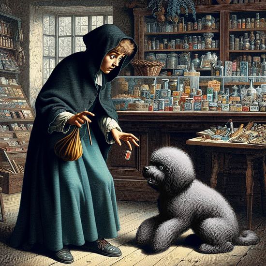Devant le caniche aboyant et flairant la manche du jeune abbé, ce dernier laisse s'échapper la tabatière qu'il a volée