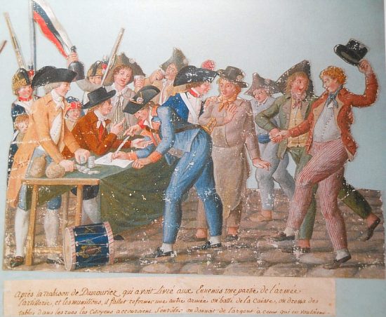 Volontaires s'enrôlant dans les armées révolutionnaires en 1792. Gouache de Jean-Baptiste Lesueur