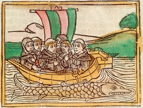 Voyage de saint Brandan d'Irlande et de ses compagnons, et le poisson Jasconius qu'ils considèrent comme une île. Gravure (colorisée ultérieurement) de Johannes Hartlieb (1400-1468)