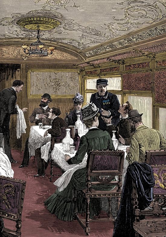Vue intérieure du wagon-restaurant de l'Orient-Express à la fin du XIXe siècle