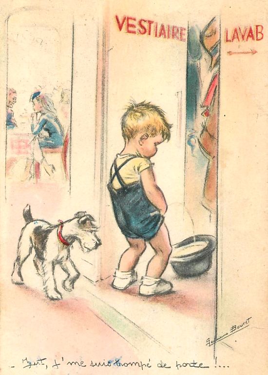 Zut, j'me suis trompé de porte !... Carte humoristique publiée vers 1945 de l'illustratrice Germaine Bouret (1907-1953)