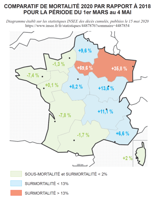 Carte de mortalité 2020 par rapport à 2018 dans les régions métropolitaines pour la période du 1er mars au 4 mai